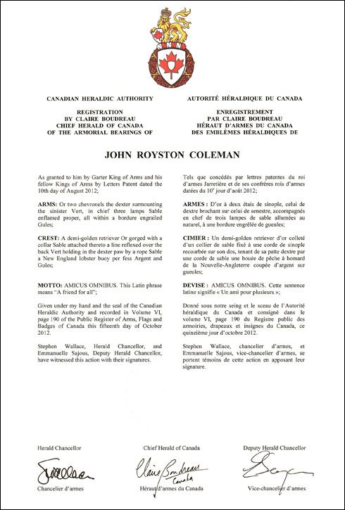 Letters patent registering the heraldic emblems of John Royston Coleman