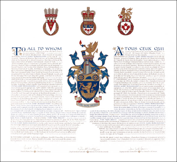 Letters patent granting heraldic emblems to Sylvia Mary Burkinshaw
