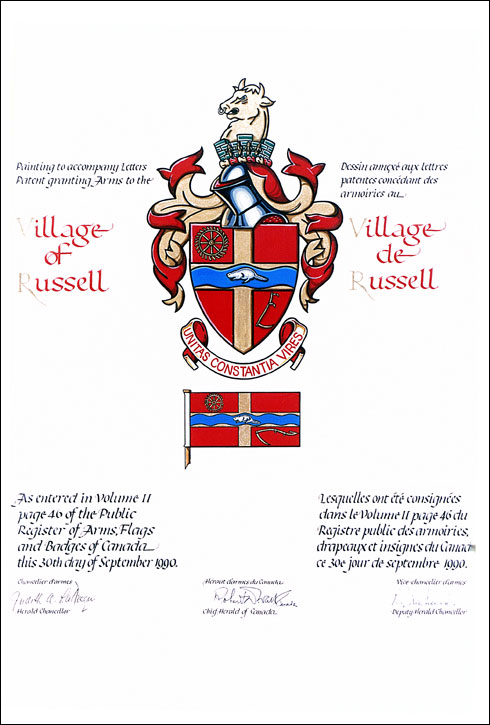 Letters patent granting heraldic emblems to the Village of Russell