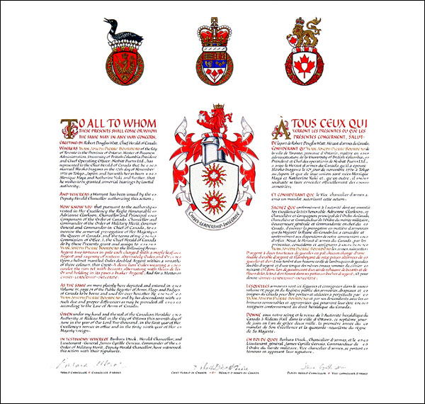 Letters patent granting heraldic emblems to Yvan Joseph Pierre Bourdeau