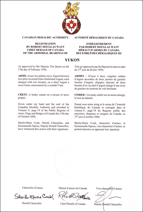 Letters patent registering the heraldic emblems of Yukon