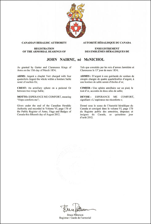 Letters patent registering the heraldic emblems of John Nairne (né McNicol)