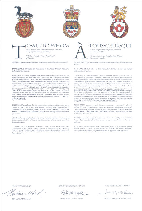 Letters patent granting heraldic emblems to the Disabled Sailing Association of British Columbia
