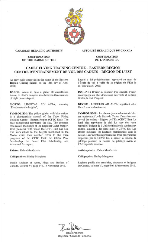 Letters patent confirming the Badge of the Cadet Flying Training Centre – Eastern Region