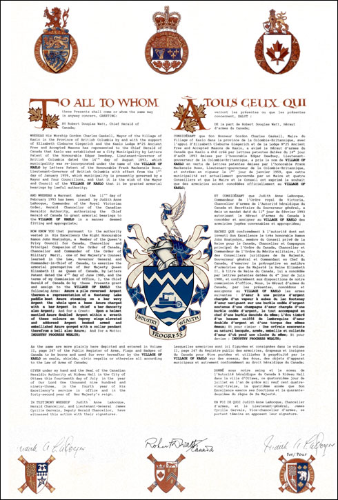 Letters patent granting heraldic emblems to the Village of Kaslo