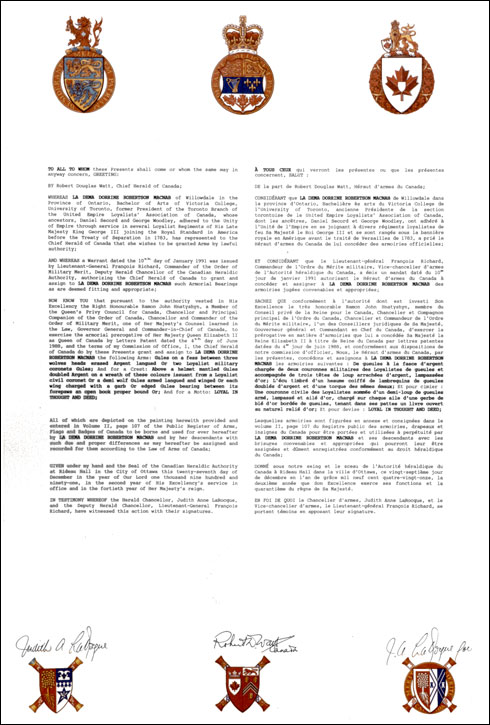 Letters patent granting heraldic emblems to La Dema Dorrine Robertson MacNab