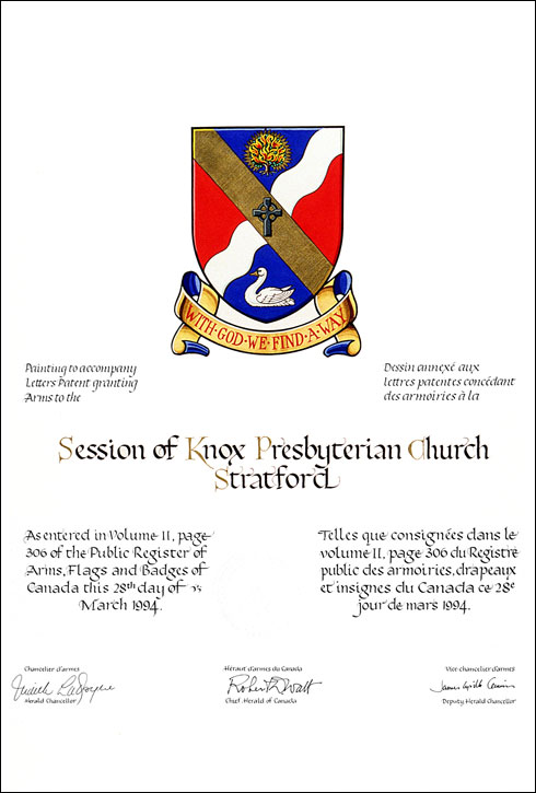 Letters patent granting heraldic emblems to the Session of Knox Presbyterian Church of Stratford