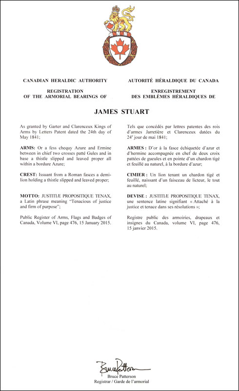 Letters patent registering the heraldic emblems of James Stuart