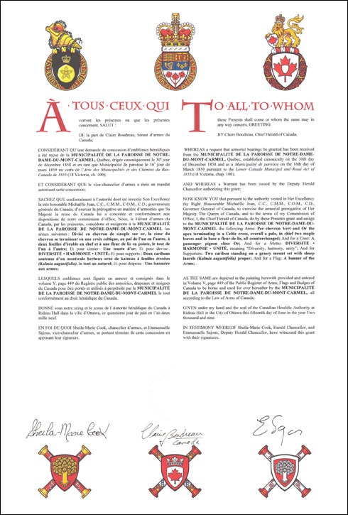 Letters patent granting heraldic emblems to the Municipalité de la paroisse de Notre-Dame-du-Mont-Carmel