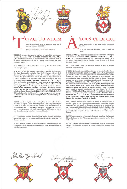 Letters patent granting heraldic emblems to John Carnell Crosbie