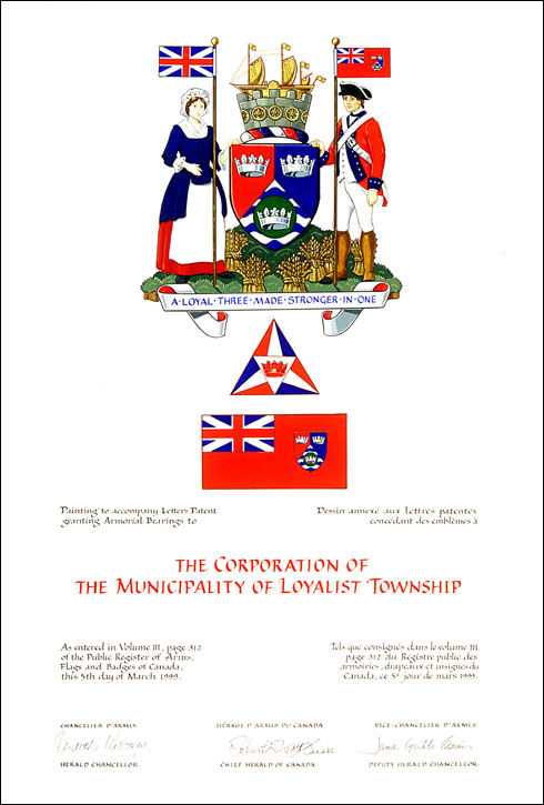 Letters patent granting heraldic emblems to The Corporation of the Municipality of Loyalist Township