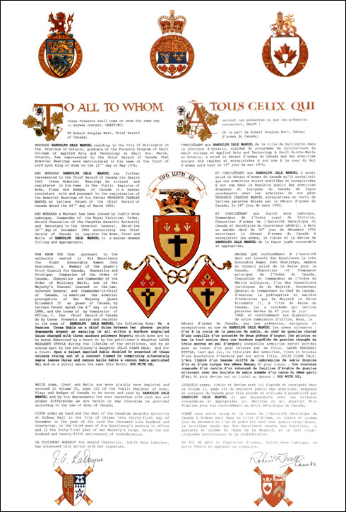 Letters patent registering the heraldic emblems of Randolph Dale Manuel