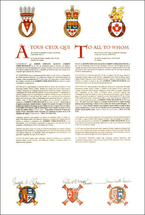 Letters patent granting heraldic emblems to Joseph Fernand Jacques Andrew Cook-Jolicoeur