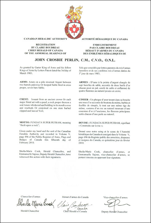 Letters patent registering the heraldic emblems of John Crosbie Perlin