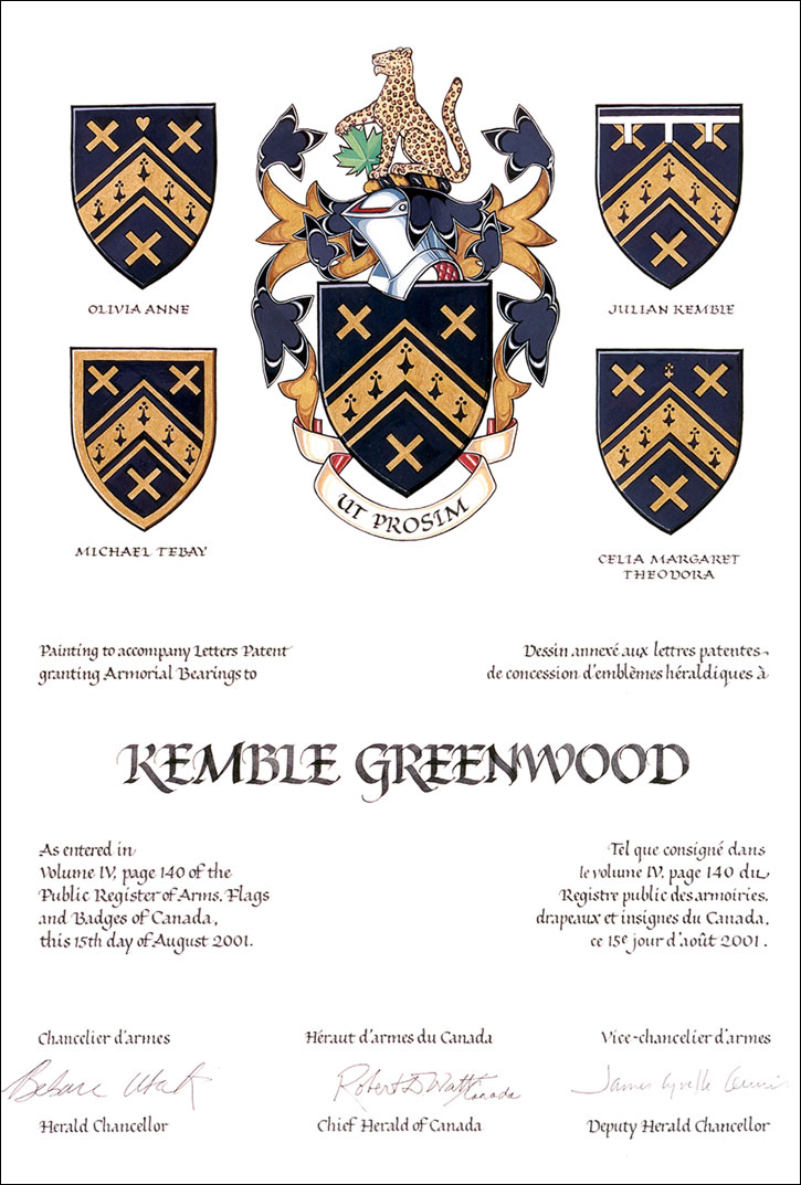 Letters patent granting heraldic emblems to Kemble Greenwood