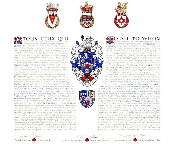 Letters patent granting heraldic emblems to Théodore Jean-Baptiste Joseph Arcand