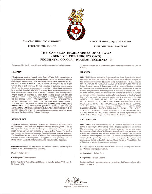 Letters patent approving the heraldic emblems of The Cameron Highlanders of Ottawa (Duke of Edinburgh's Own)