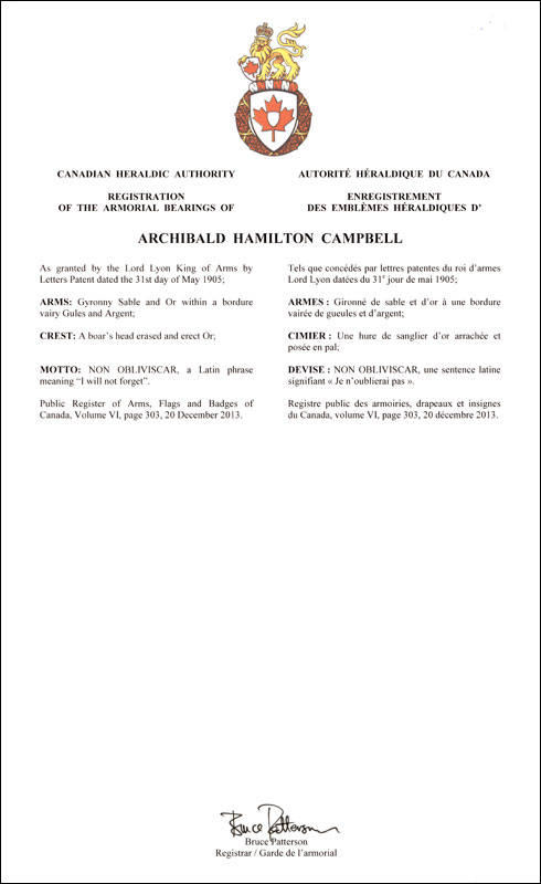 Letters patent registering the heraldic emblems of Archibald Hamilton Campbell