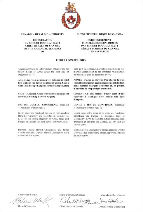 Letters patent registering the heraldic emblems of Pierre Léon Beaubien
