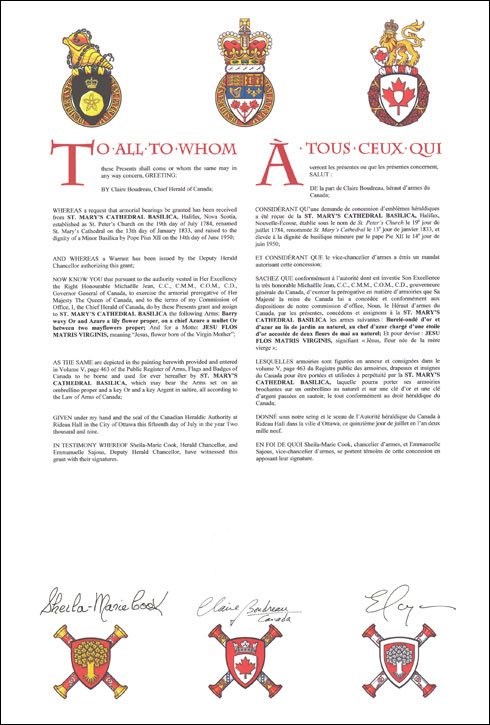 Letters patent granting heraldic emblems to St. Mary's Cathedral Basilica