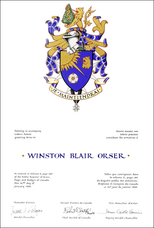 Letters patent granting heraldic emblems to Winston Blair Orser