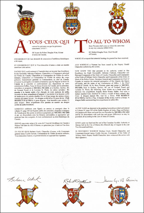 Letters patent granting heraldic emblems to Michel Picard