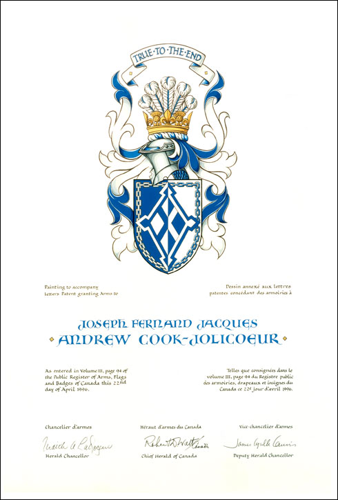 Letters patent granting heraldic emblems to Joseph Bernard Jacques Andrew Cook-Jolicoeur