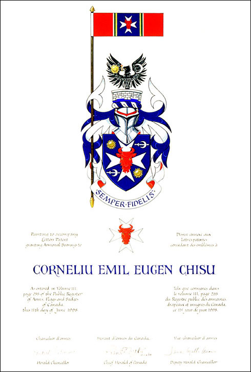 Letters patent granting heraldic emblems to Corneliu Emil Eugen Chisu