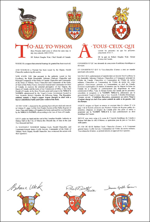 Letters patent granting heraldic emblems to the Nisga'a Nation