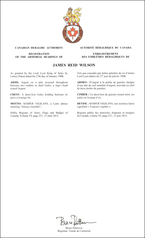 Lettres patentes enregistrant les emblèmes héraldiques de James Reid Wilson