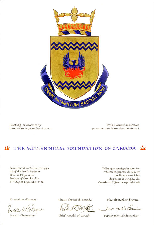 Letters patent granting heraldic emblems to The Millennium Foundation of Canada