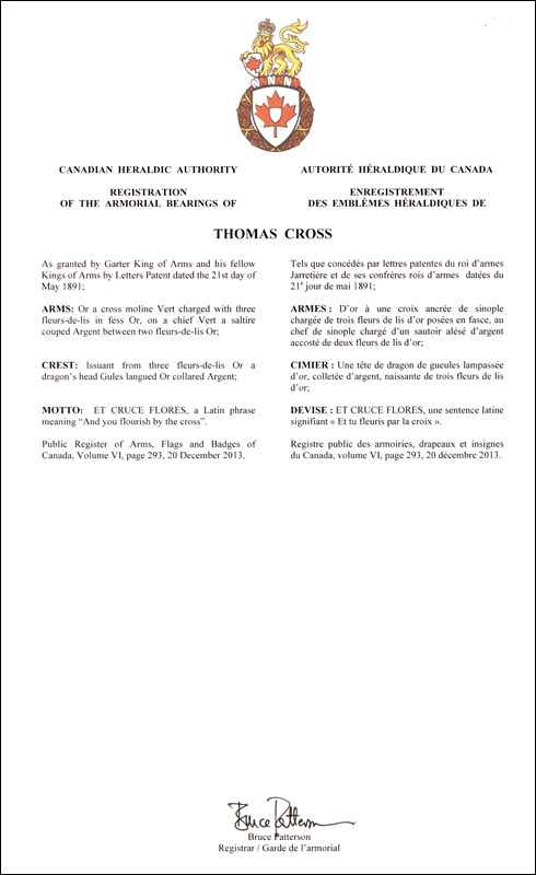 Letters patent registering the heraldic emblems of Thomas Cross