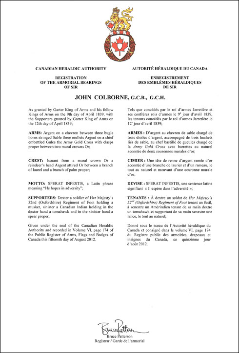 Letters patent registering the heraldic emblems of John Colborne