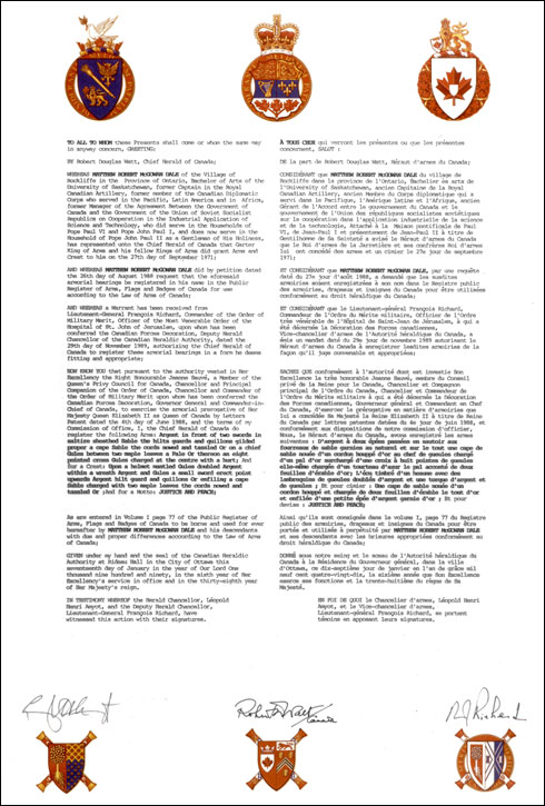 Letters patent registering the heraldic emblems of Matthew Robert McGowan Dale