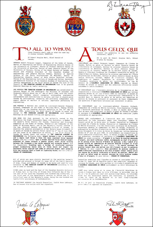 Letters patent granting heraldic emblems to The Canadian Academy of Engineering