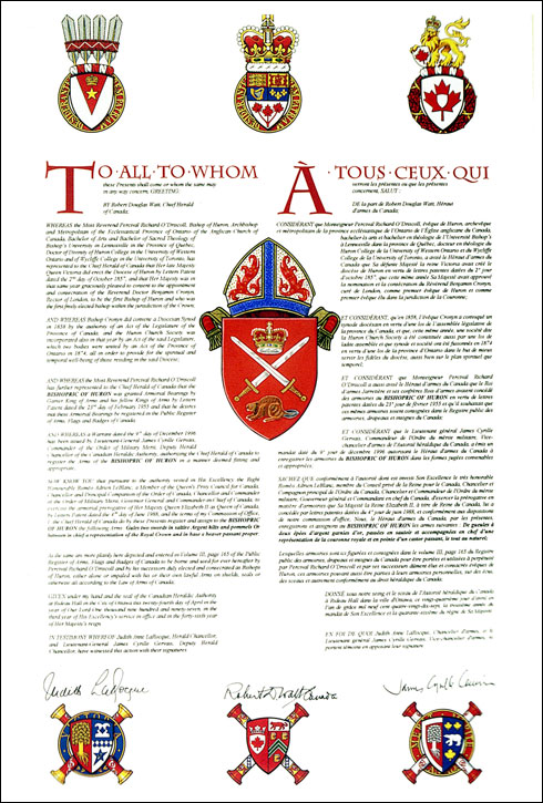 Letters patent registering the heraldic emblems of the Bishopric of Huron