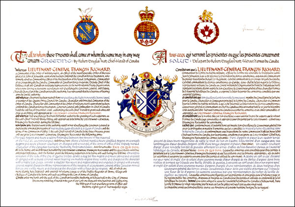 Letters patent granting heraldic emblems to François Richard