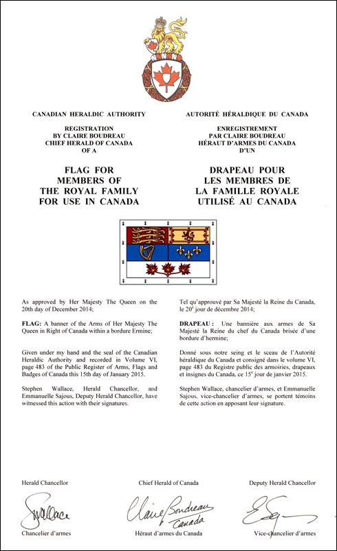 Enregistrement d'un drapeau pour les membres de la famille royale utilisé au Canada