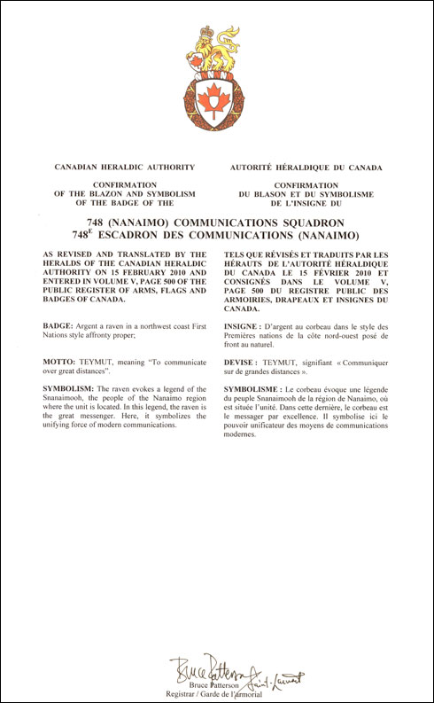Letters patent confirming the blazon of the Badge of the 748 (Nanaimo) Communication Squadron