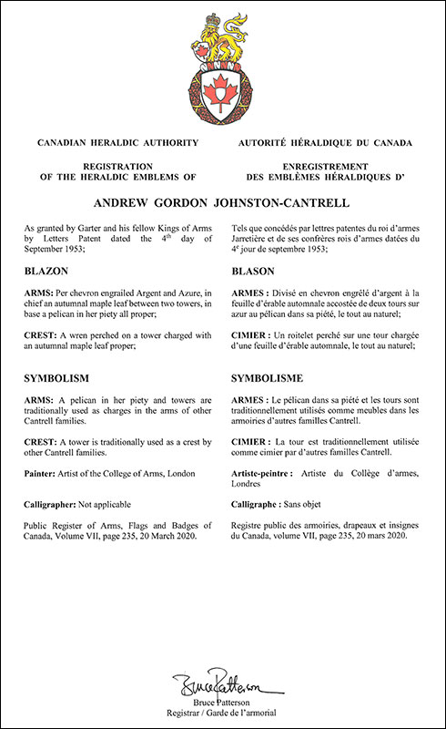 Lettres patentes enregistrant les emblèmes héraldiques d'Andrew Gordon Johnston-Cantrell