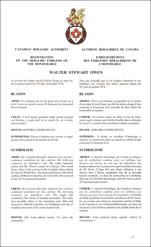 Lettres patentes enregistrant les emblèmes héraldiques de Walter Stewart Owen