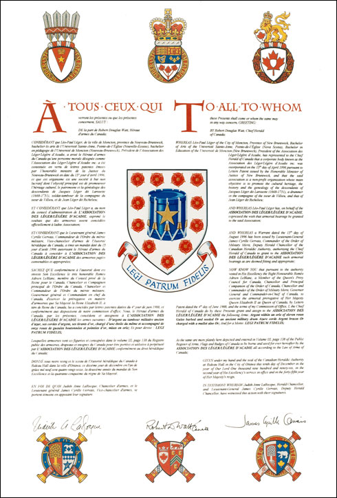 Letters patent granting heraldic emblems to the Association des Léger / Légère d'Acadie
