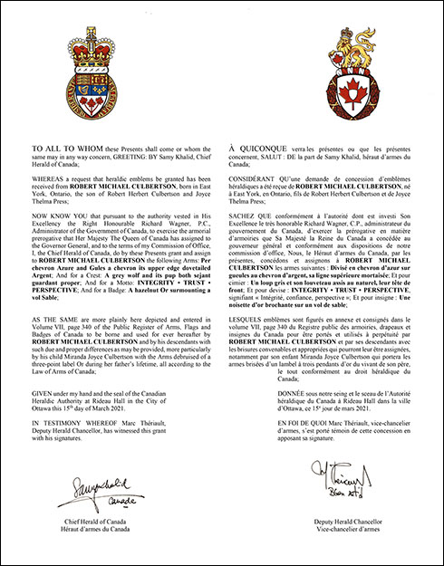 Letters patent granting heraldic emblems to Robert Michael Culbertson