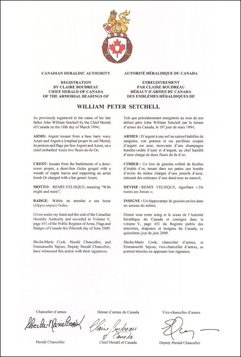Letters patent registering the heraldic emblems of William Peter Setchell