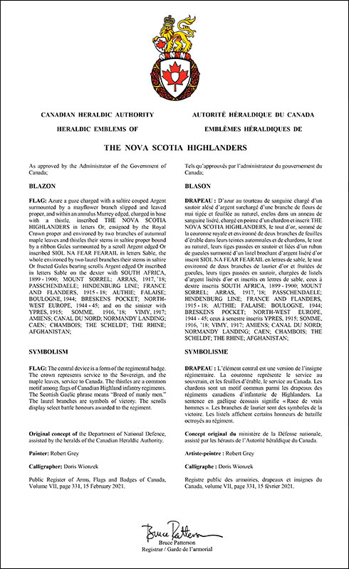 Letters patent approving the heraldic emblems of The Nova Scotia Highlanders
