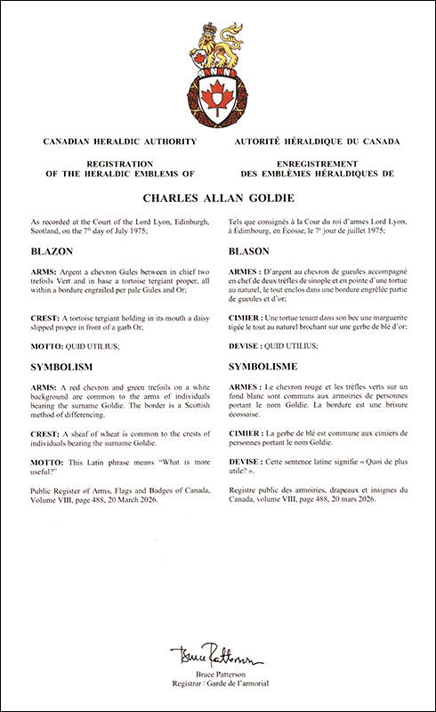 Letters patent registering the heraldic emblems of Charles Allan Goldie