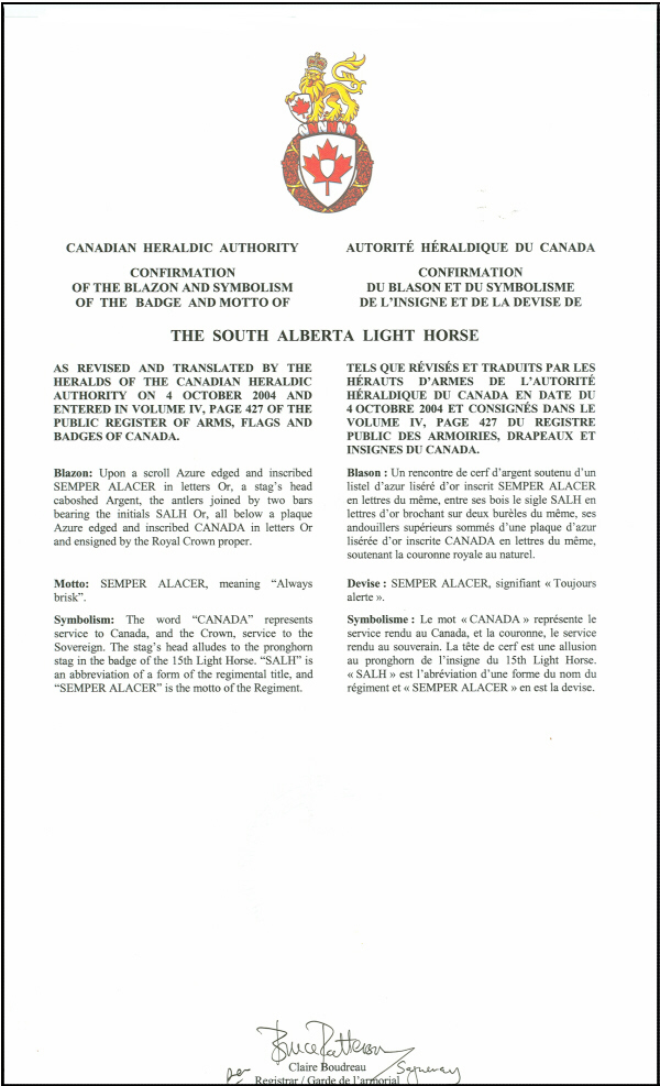 Letters patent confirming the blazon of the Badge of The South Alberta Light Horse