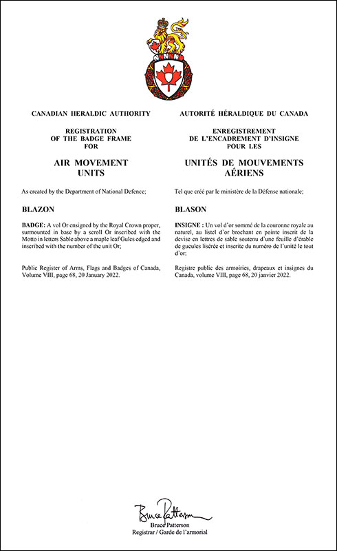 Letters patent registering the badge frame for Air Movement Units of the Canadian Armed Forces