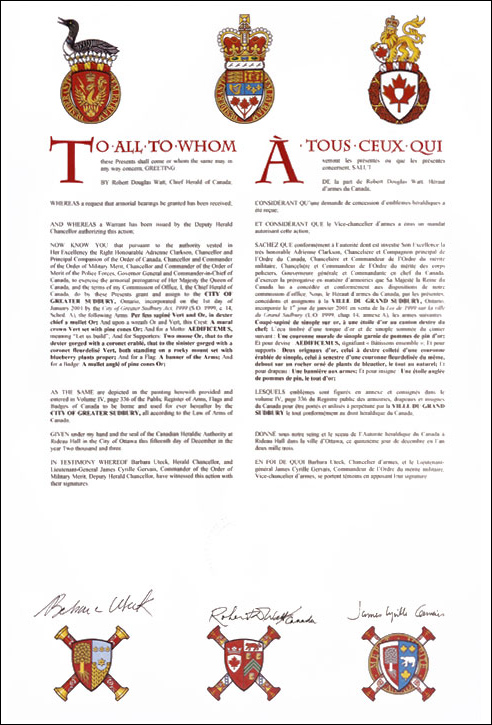 Letters patent granting heraldic emblems to the City of Greater Sudbury