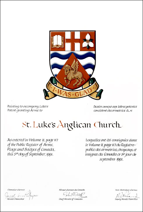 Letters patent granting heraldic emblems to St. Luke's Anglican Church